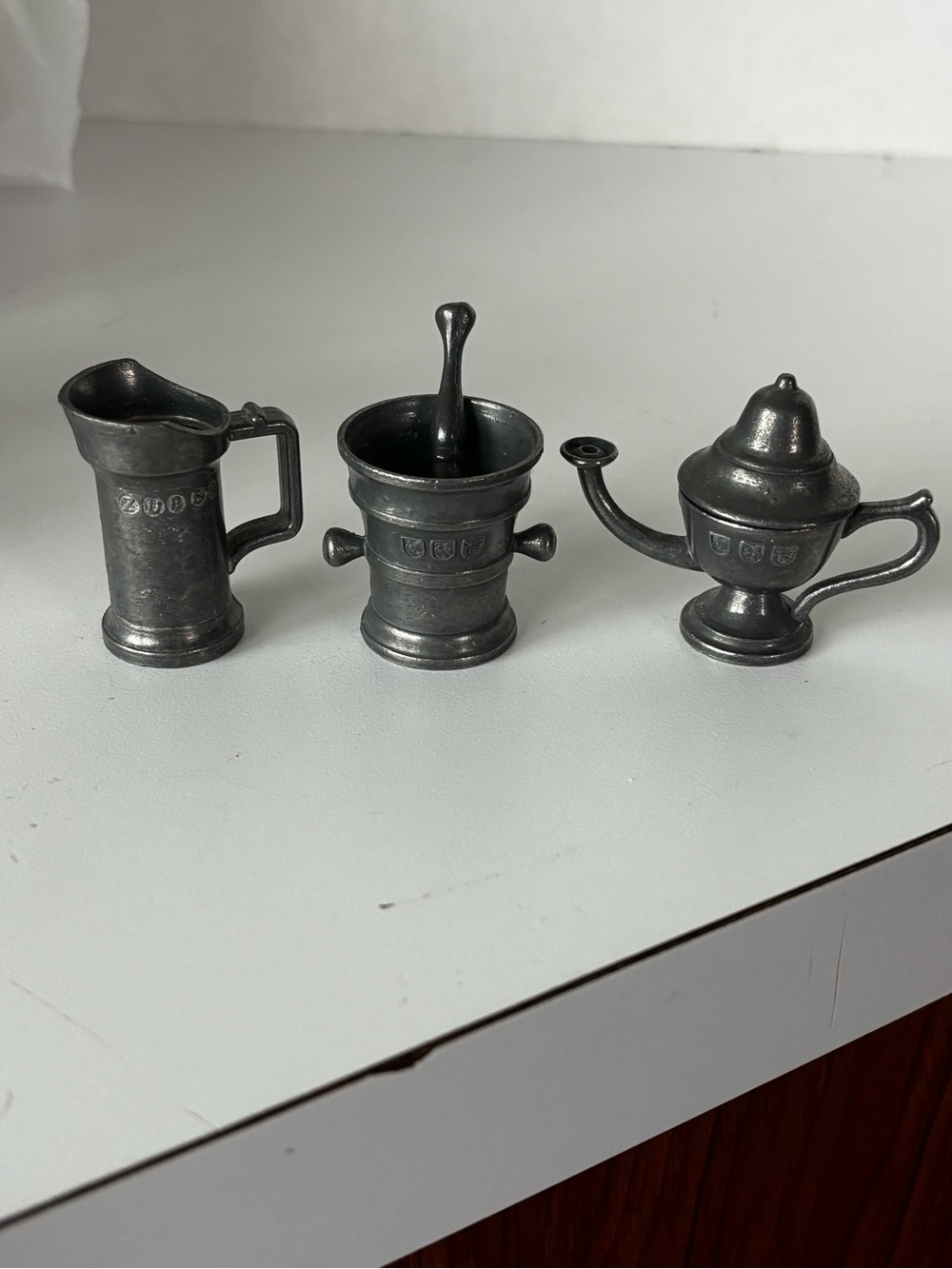 Vintage Foca Dutch Miniature Pewter Mortar and Pestle Set, oil lamp, and Pitcher